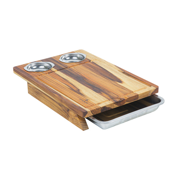 TABLA MULTIUSO CON BANDEJA 2 POCILLOS INOX. MADERA TECA STOLF 44X30X6,5 CM