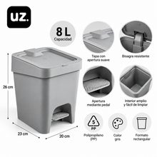 Basurero con Pedal Polipropileno Gris 8 L - Uz