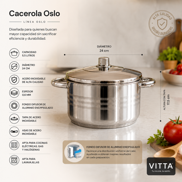 Cacerola Para Cocina 24 cm 5,5 Litros Acero Inoxidable Plateado Oslo - Vitta
