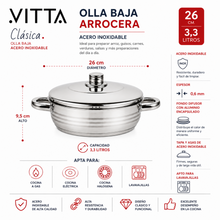 Olla Baja Arrocera Acero Inoxidable 26 cm 3,3L 0,6 mm - Vitta