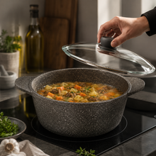 Cacerola Antiadherente Granito Gris 26 cm con Tapa de Vidrio - OMS