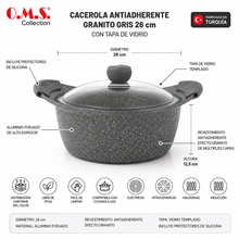 Cacerola Antiadherente Granito Gris 26 cm con Tapa de Vidrio - OMS