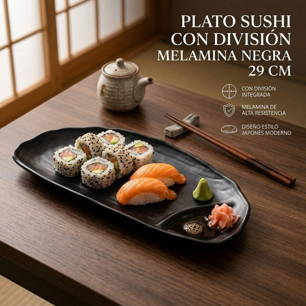 Plato Sushi Con Division Melamina Negra 29Cm Multimenaje