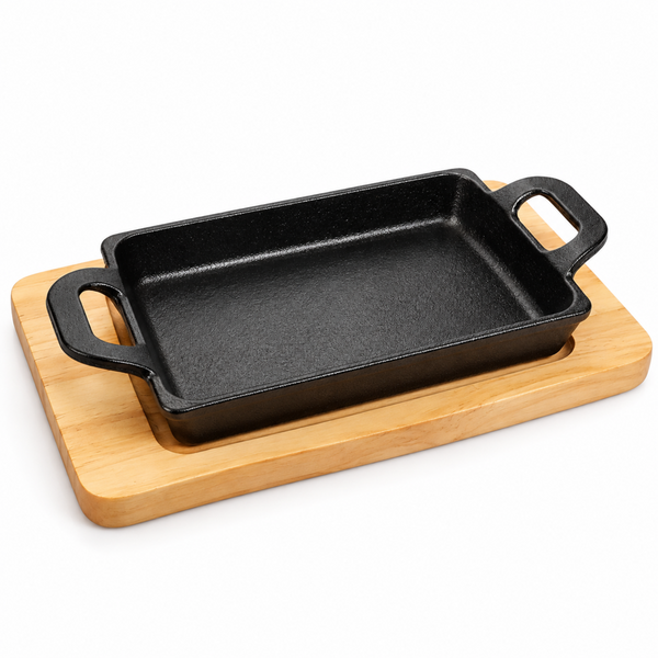 Plato Rectangular de Hierro Fundido con Base de Madera 20x12 cm - Multimenaje