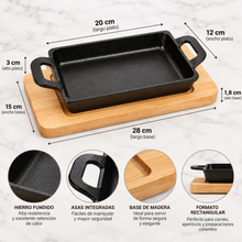 Plato Rectangular de Hierro Fundido con Base de Madera 20x12 cm - Multimenaje