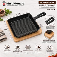 Sartén Grill Hierro Fundido con Base de Madera 20x20 cm - Multimenaje