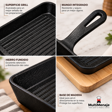 Sartén Grill Hierro Fundido con Base de Madera 20x20 cm - Multimenaje