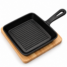 Sartén Grill Hierro Fundido con Base de Madera 20x20 cm - Multimenaje
