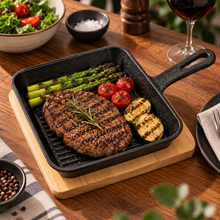 Sartén Grill Hierro Fundido con Base de Madera 20x20 cm - Multimenaje