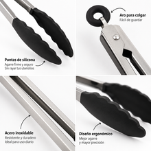 Pinza de Cocina Acero Inoxidable con Silicona Negra 40 cm - Multimenaje