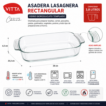 Asadera Lasagnera Rectangular Vidrio Borosilicato 3,8L 38x25,3x6,5cm - Vitta