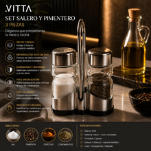 Set Salero y Pimentero Vidrio Acero Inoxidable Vitta 3 Piezas