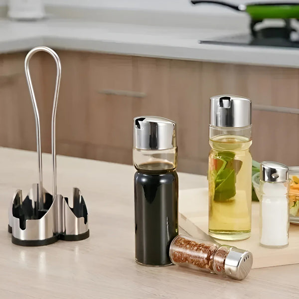 Alcuza 4 Piezas Vidrio Tapa Acero Inoxidable 23x10cm Vitta