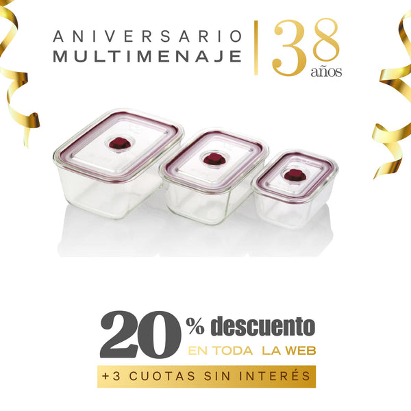 Set 3 Recipientes Herméticos de Vidrio Borosilicato con Tapa al Vacío (500 ml, 800 ml y 1.500 ml) - Jata - Aniversario 38 años