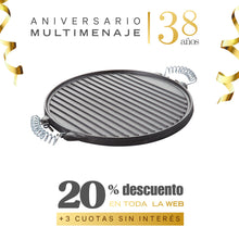 Plancha Churrasquera Redonda Hierro Fundido Reversible Con Asas De Acero Inox. 32x32x2 - Multimenaje - Aniversario 38 años