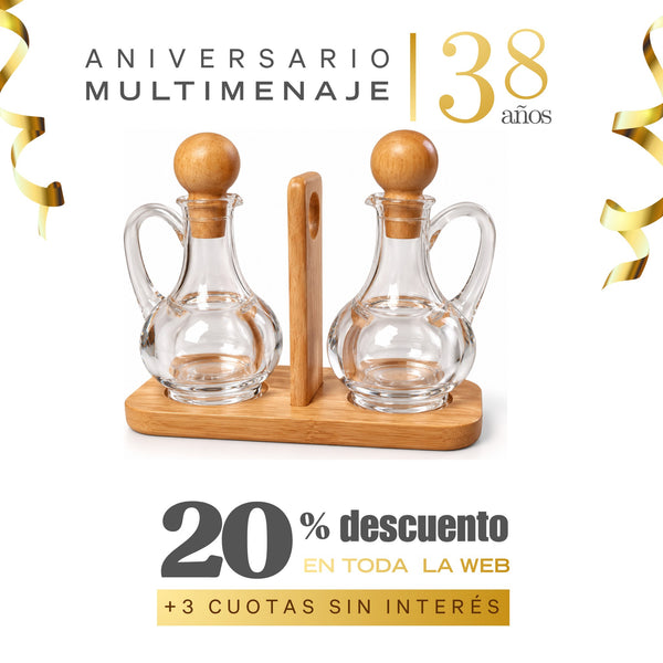 Set Aceitera y Vinagrera Acrílica con Base de Bambú 3 Piezas - Multimenaje - Aniversario 38 años