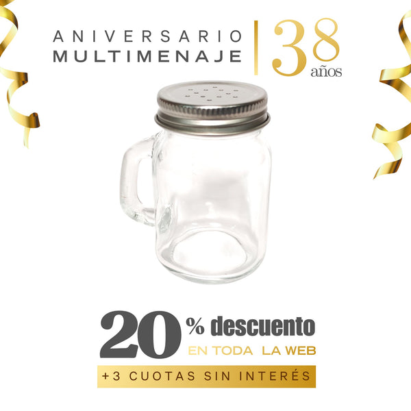 Salero Vidrio Con Asa Tapa Inox. 5x8 - Multimenaje - Aniversario 38 años