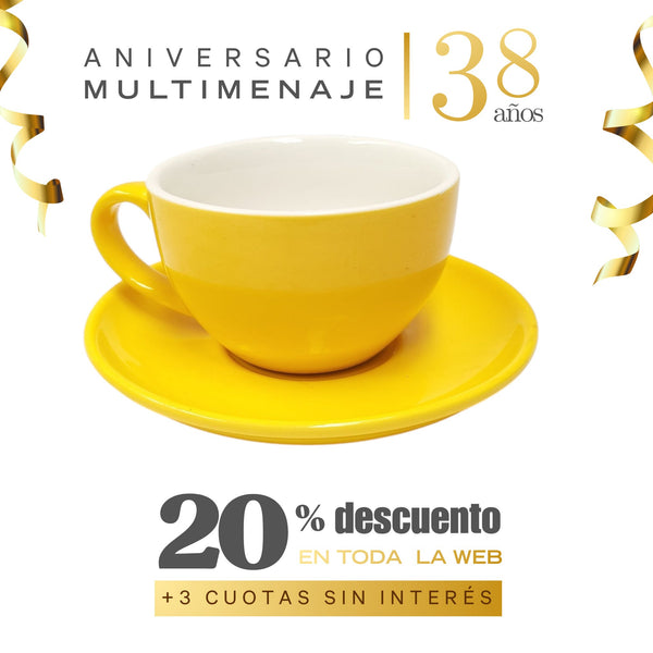 Taza Desayuno Con Platillo Porcelana Amarilla 300ml - Multimenaje - Aniversario 38 años