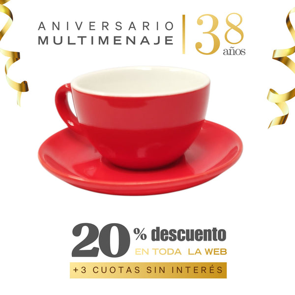 Taza Desayuno Con Platillo Porcelana Roja 300ml - Multimenaje - Aniversario 38 años